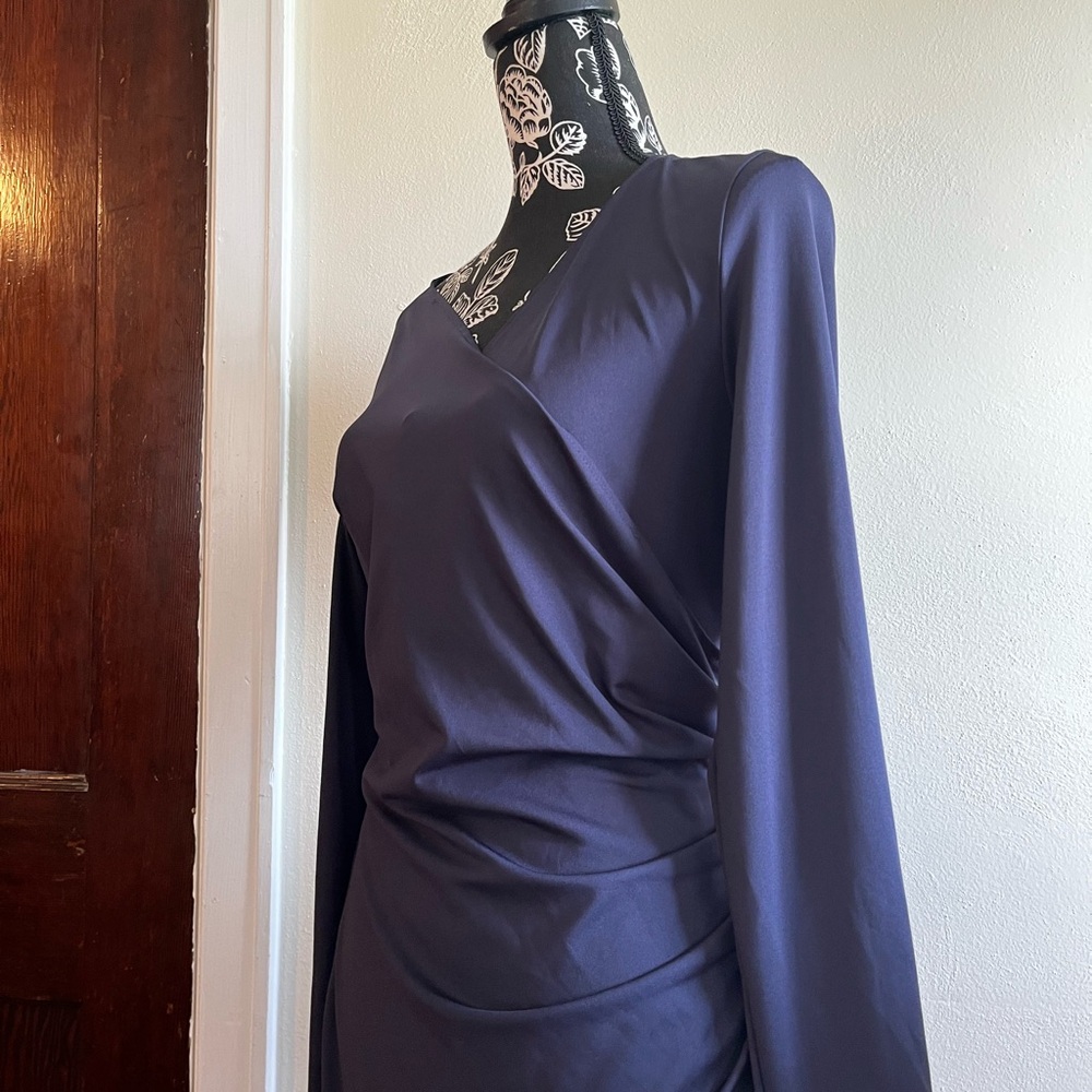 Navy Long-Sleeve Wrap Dress with Draped Ruching